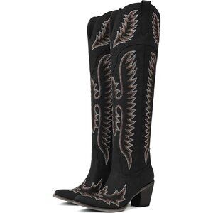 Women Over The Knee Western Boots Classic Embroidered Chunky Heel Slip On Black